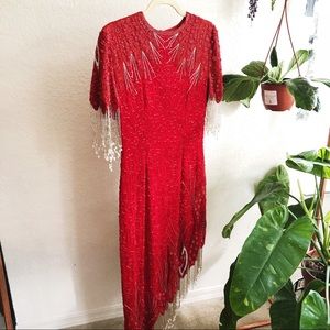 Vintage red asymmetrical beaded dress